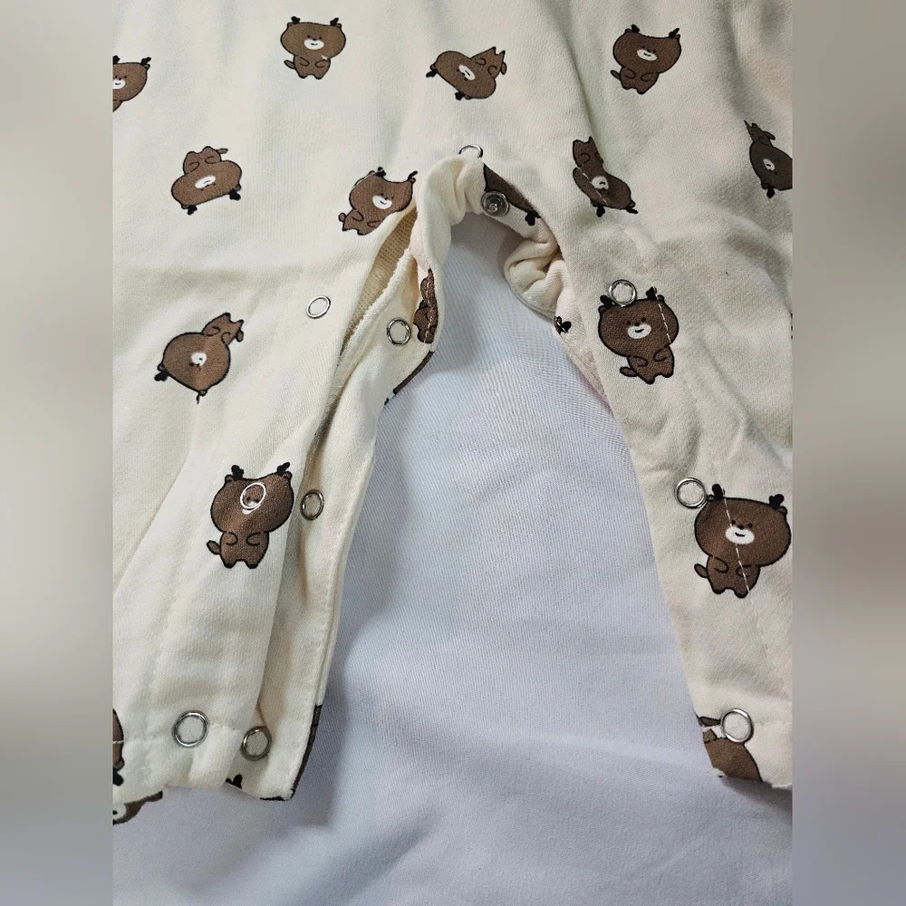 Adorable Soft Cream and Brown Bear Print Kids One Piece- Size 80